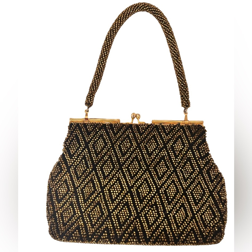 Vintage Beaded Handbag Black Gold Diamond Pattern Evening Purse